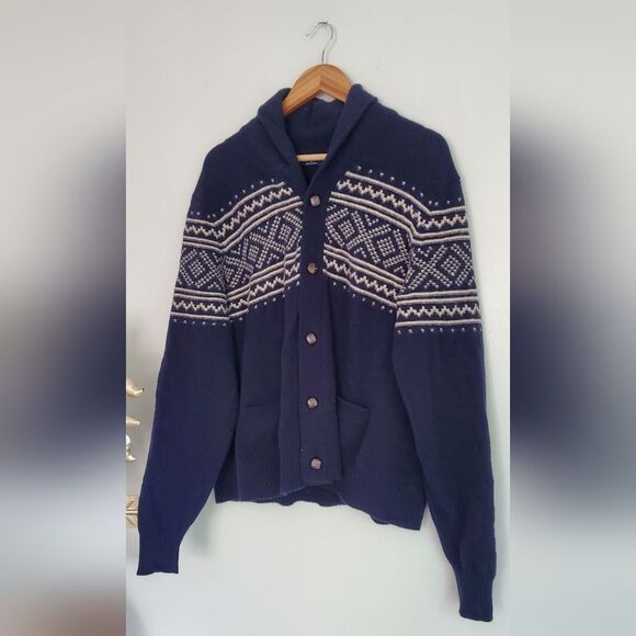 JCrew 100% Lambs Wool Navy Blue Patterned Men's Flawed Sweater Size XL - Picture 1 of 12